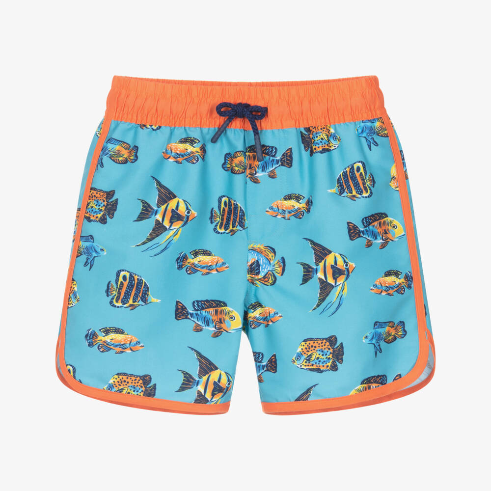 Hatley-Boys Blue Fish Swim Shorts with Orange Trim | Childrensalon