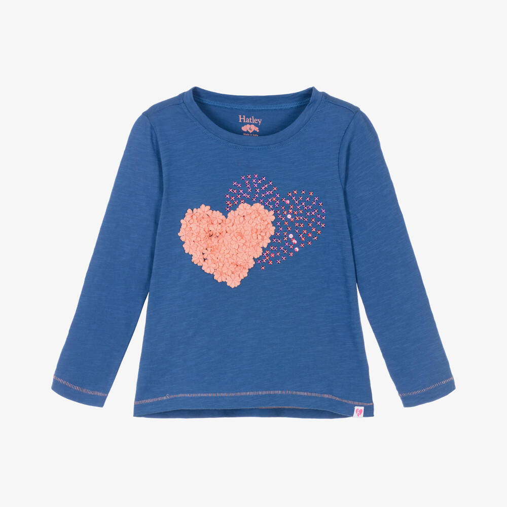 Hatley-Girls Blue Cotton Long Sleeve Top with Pink Hearts | Childrensalon