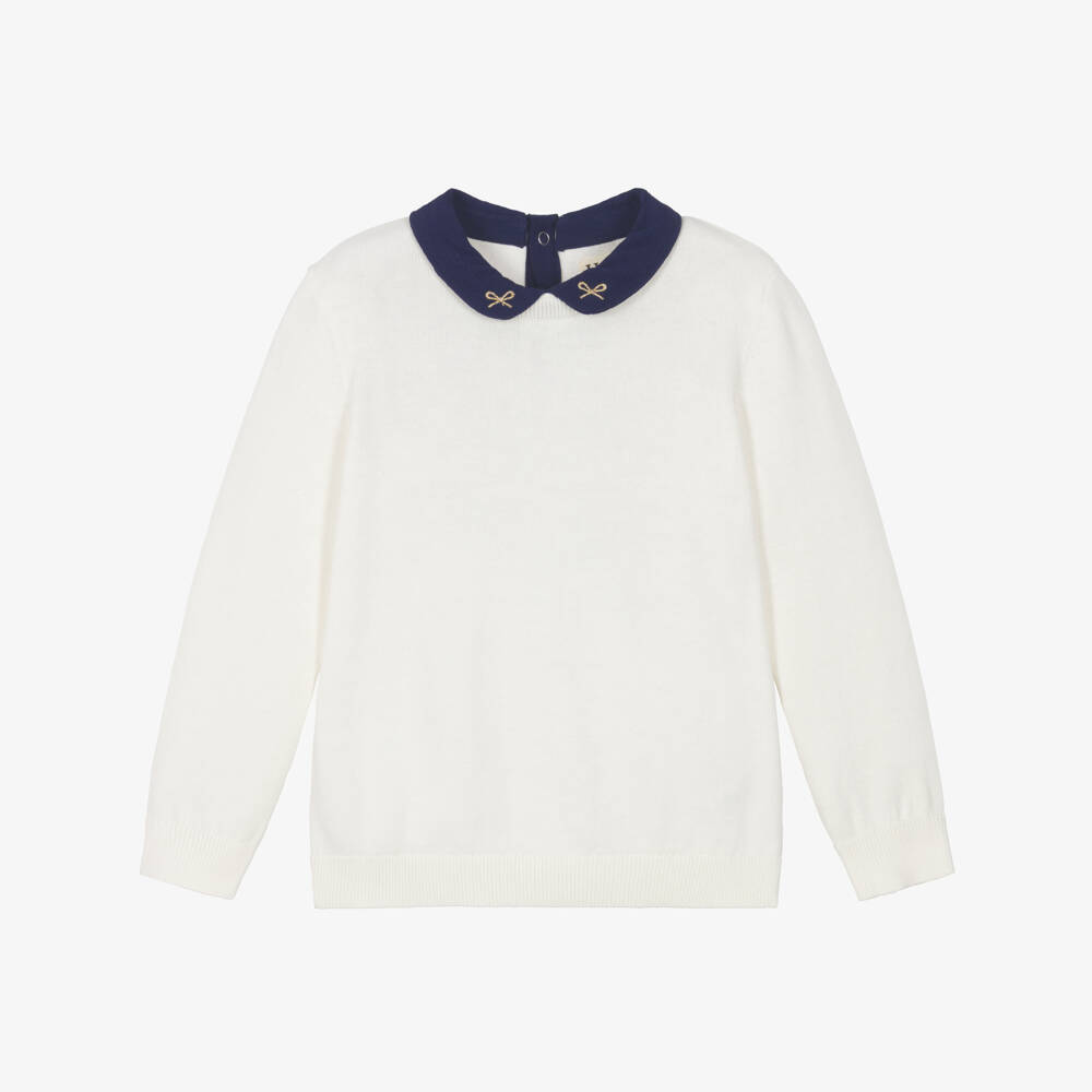 Hatley-Girls Ivory Cotton Knit Jumper with Contrasting Collar | Childrensalon