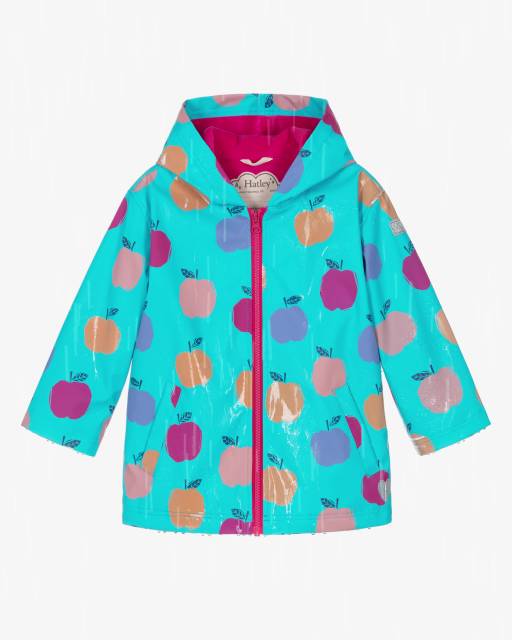 Hatley-Girls Turquoise Colour Changing Apple Print Raincoat | Childrensalon