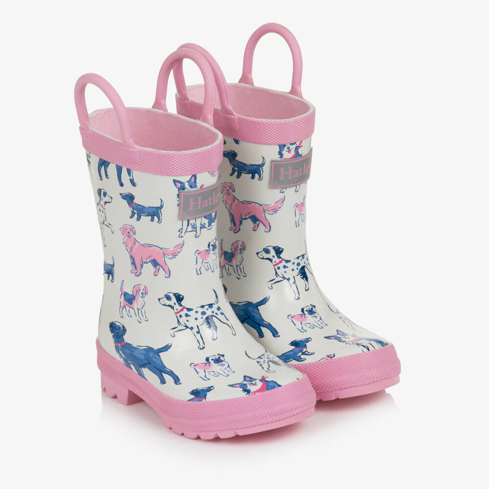Hatley-Girls White & Pink Dog Print Rain Boots | Childrensalon