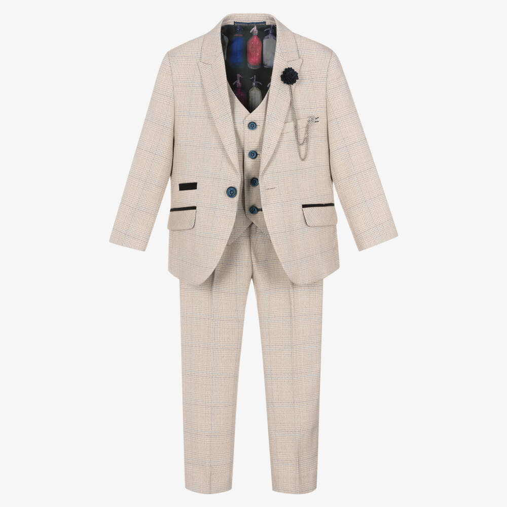 House of Cavani-Boys Beige Check Caridi Suit | Childrensalon