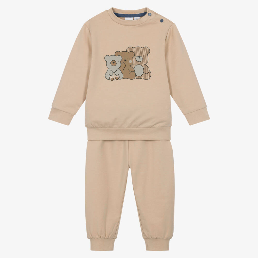 iDO-Boys Beige Cotton Tracksuit with Teddy Bear Prints | Childrensalon