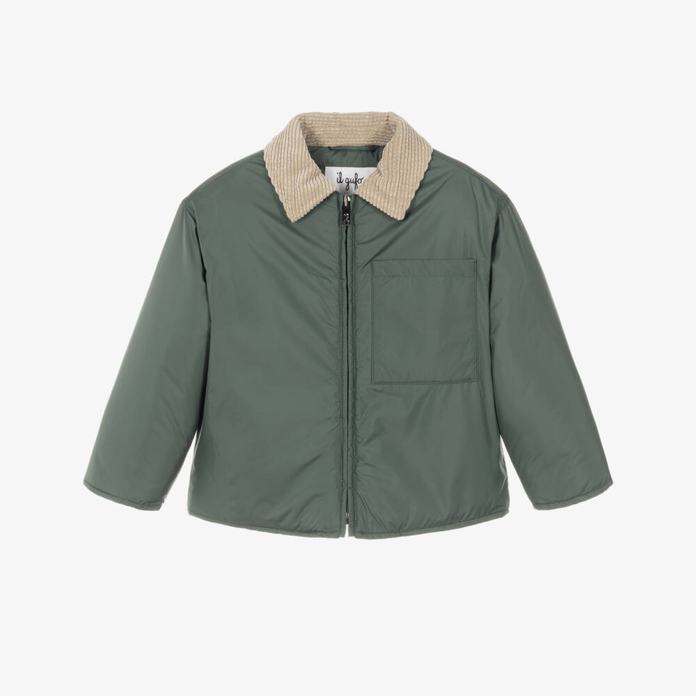 Il Gufo-Boys Green Padded Jacket with Corduroy Collar | Childrensalon