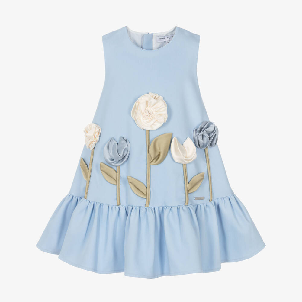 Jessie and James London-Girls Blue Cotton Twill 3D Flower Dress | Childrensalon