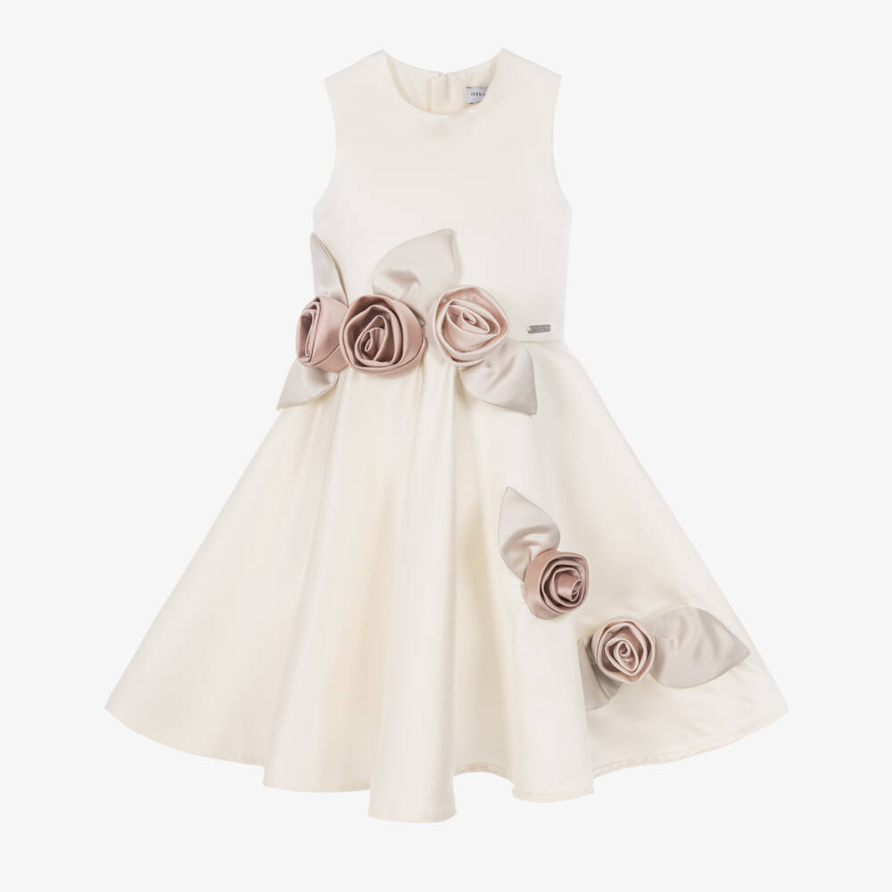 Jessie and James London-Girls Ivory Satin Dress with 3D Floral Appliqués | Childrensalon