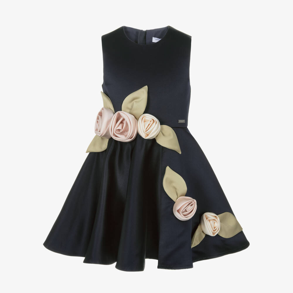 Jessie and James London-Girls Navy Blue Satin Dress with 3D Floral Appliqués | Childrensalon