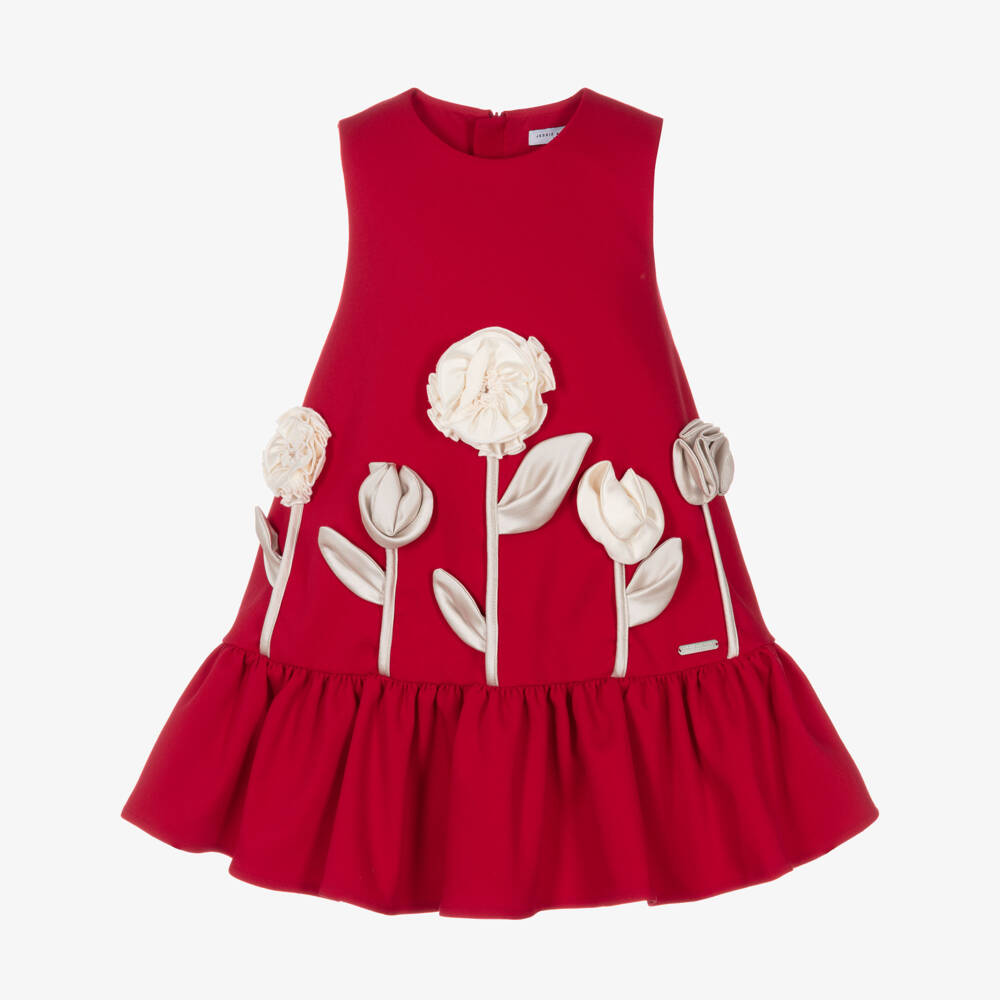 Jessie and James London-Girls Red Cotton Twill 3D Flower Dress | Childrensalon