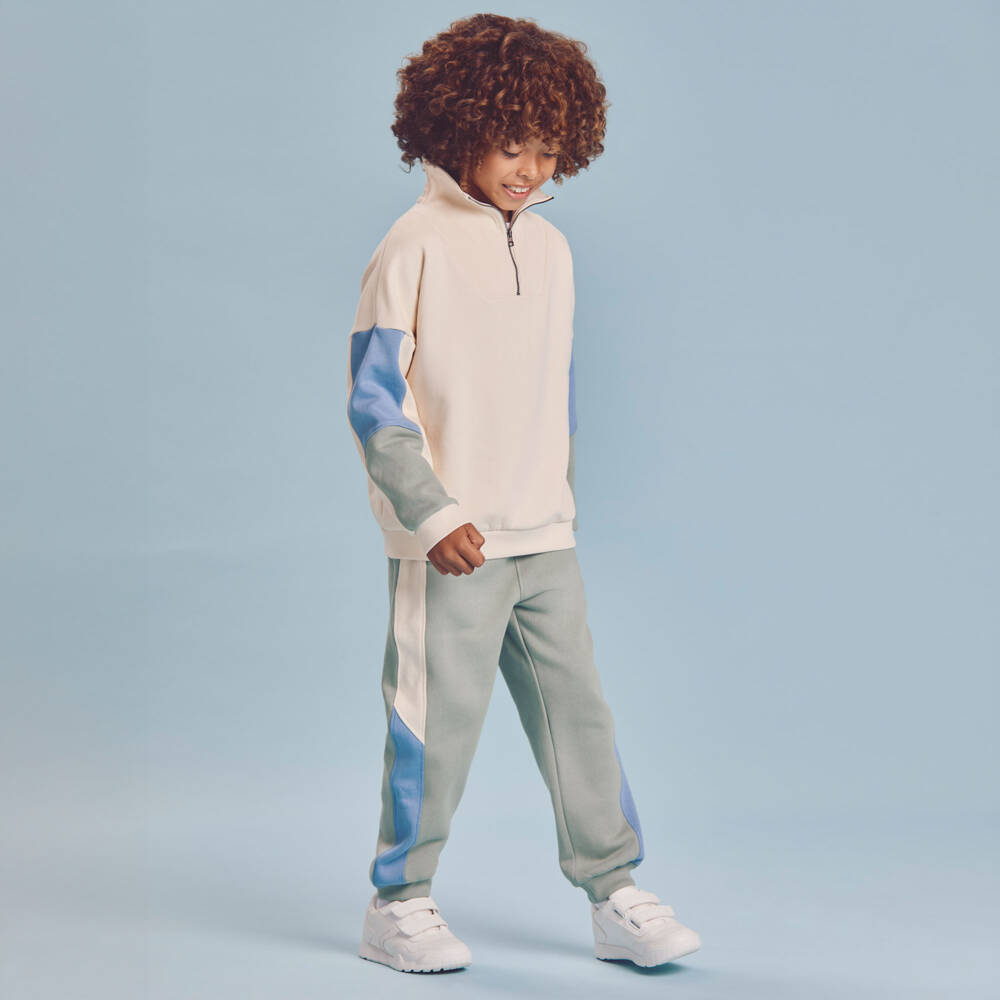 Joyday-Boys Beige & Green Colourblock Cotton Tracksuit | Childrensalon