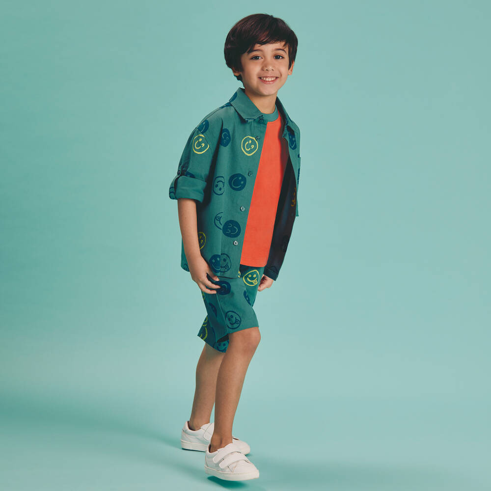 Joyday-Boys Green Cotton Happy Faces Shorts Set | Childrensalon