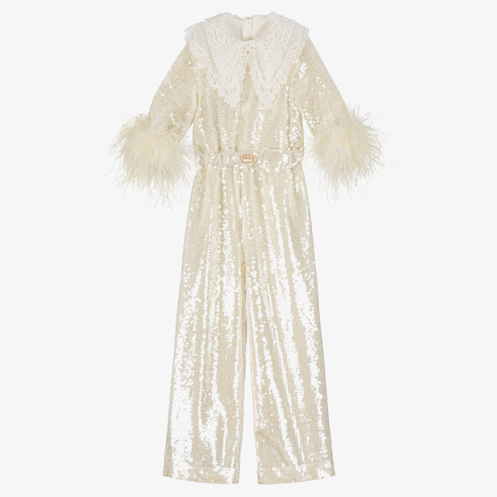Junona-Girls Ivory Sequin Jumpsuit with Feathers & Cutwork Embroidery | Childrensalon