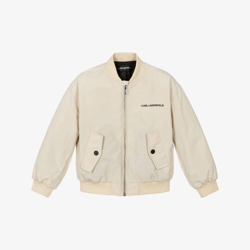 KARL LAGERFELD KIDS-Boys Beige Bomber Jacket with Black Logo Print | Childrensalon