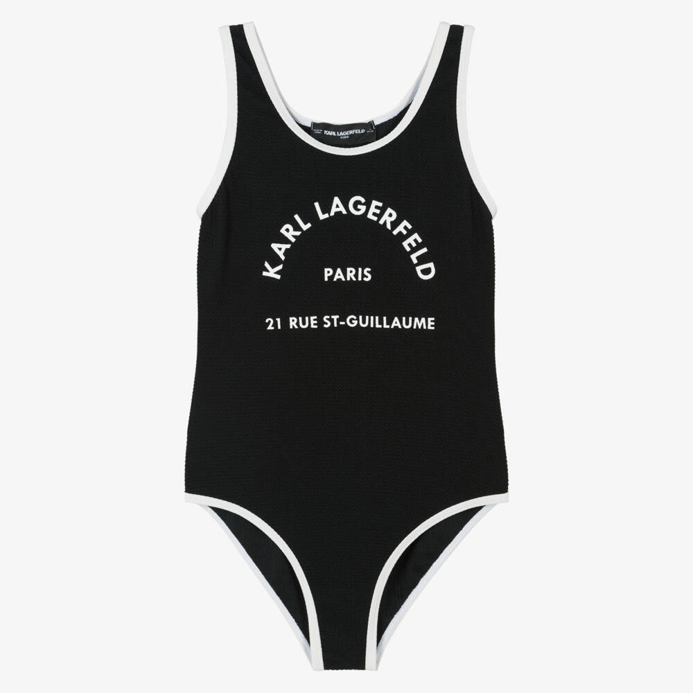 KARL LAGERFELD KIDS-Girls Black Swimsuit with White Logo Print & Contrast Trim | Childrensalon