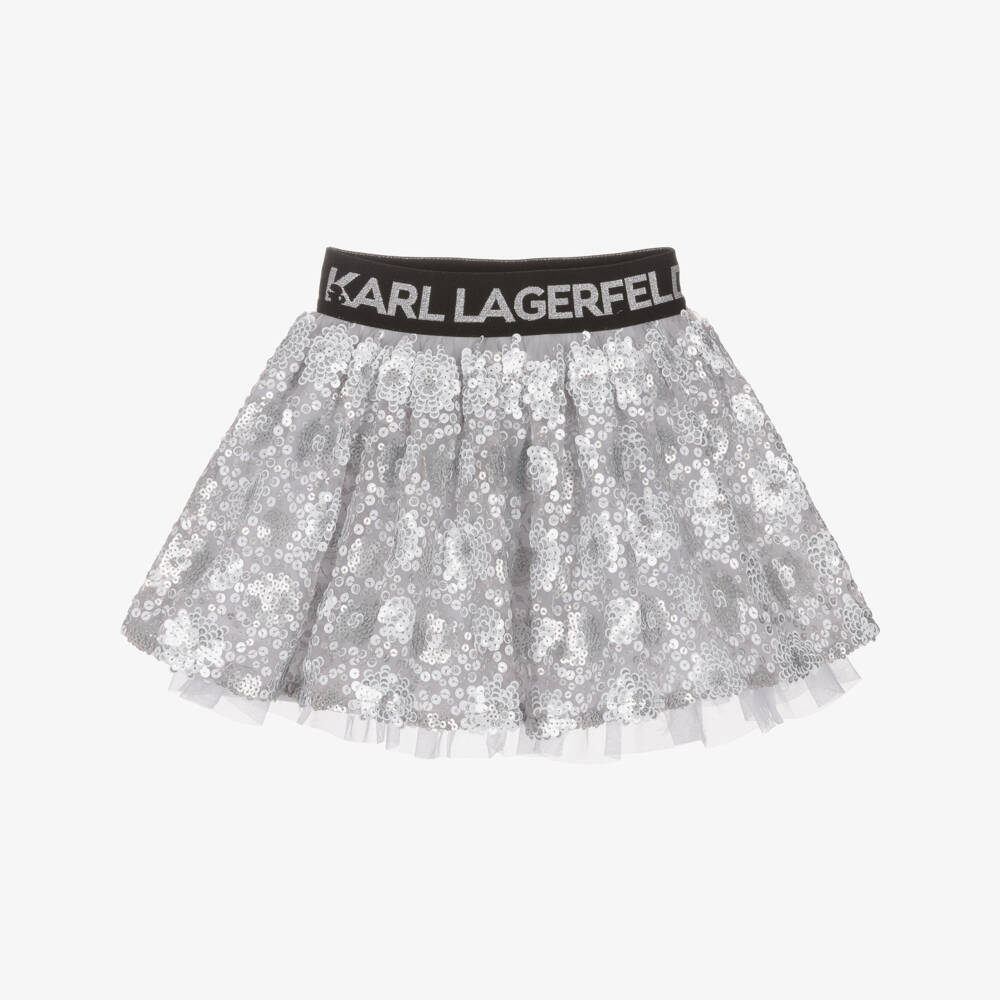 KARL LAGERFELD KIDS-Girls Silver Sequinned Organza Skirt | Childrensalon