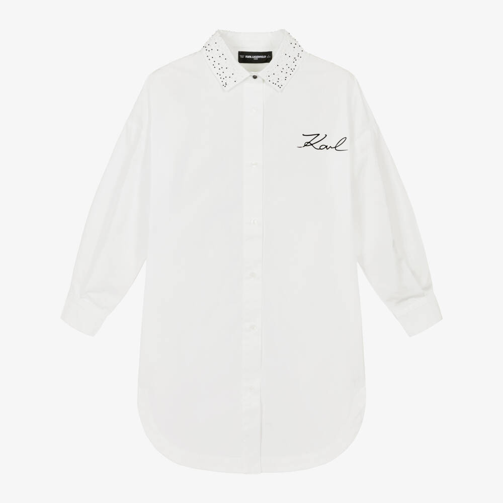 KARL LAGERFELD KIDS-Girls White Cotton Poplin Shirt Dress | Childrensalon