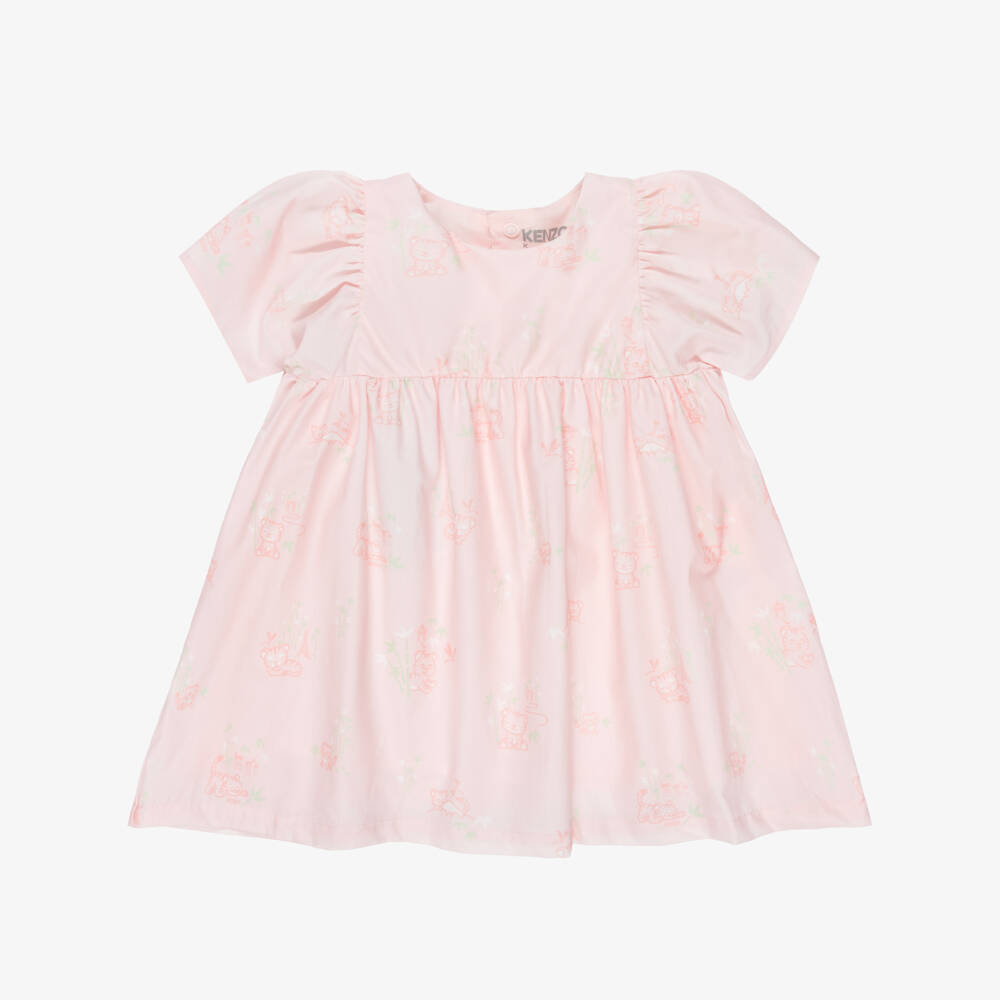 KENZO KIDS-Baby Girls Pale Pink Cotton Dress with Baby Tiger Print | Childrensalon