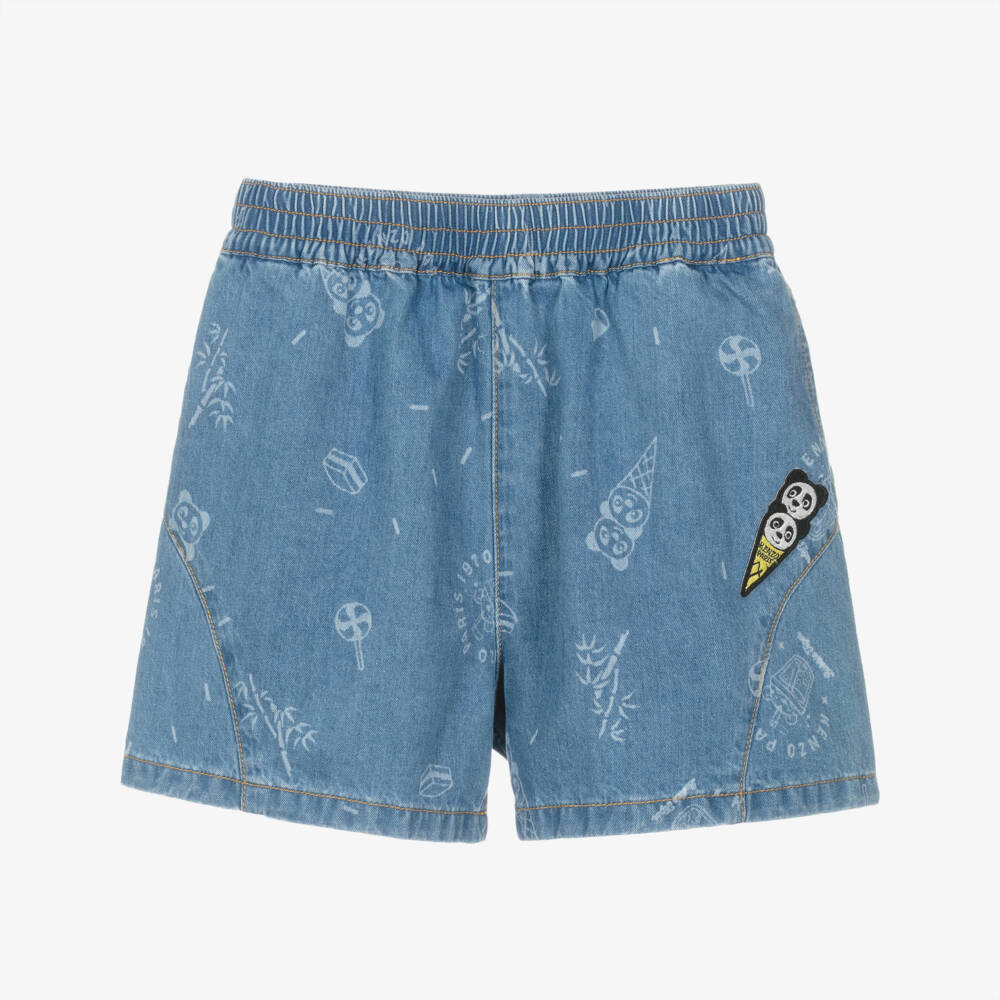 KENZO KIDS-Girls Blue Washed Denim Shorts with Panda Ice Cream Patch | Childrensalon