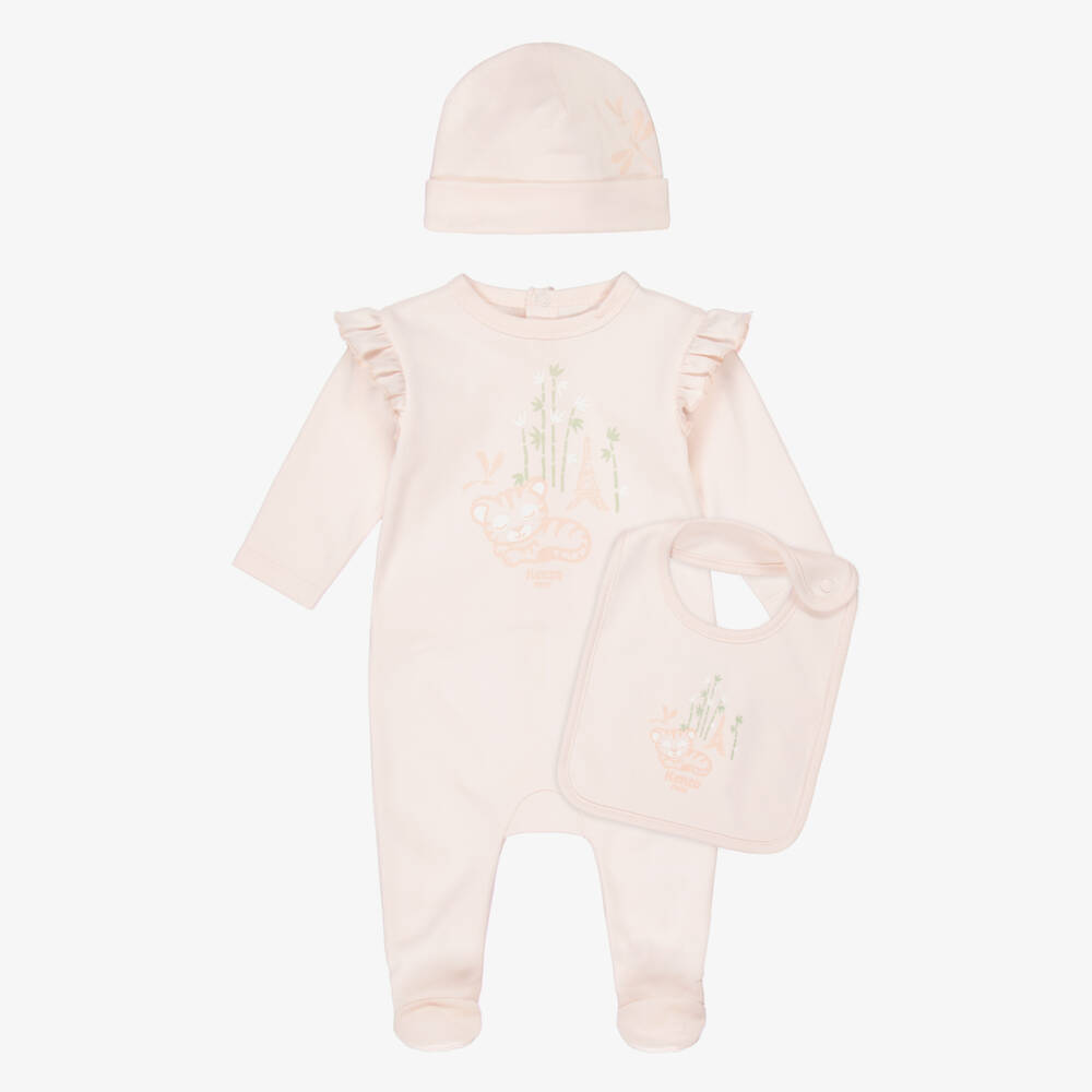 KENZO KIDS-Girls Pale Pink Babysuit Set with Baby Tiger Print | Childrensalon