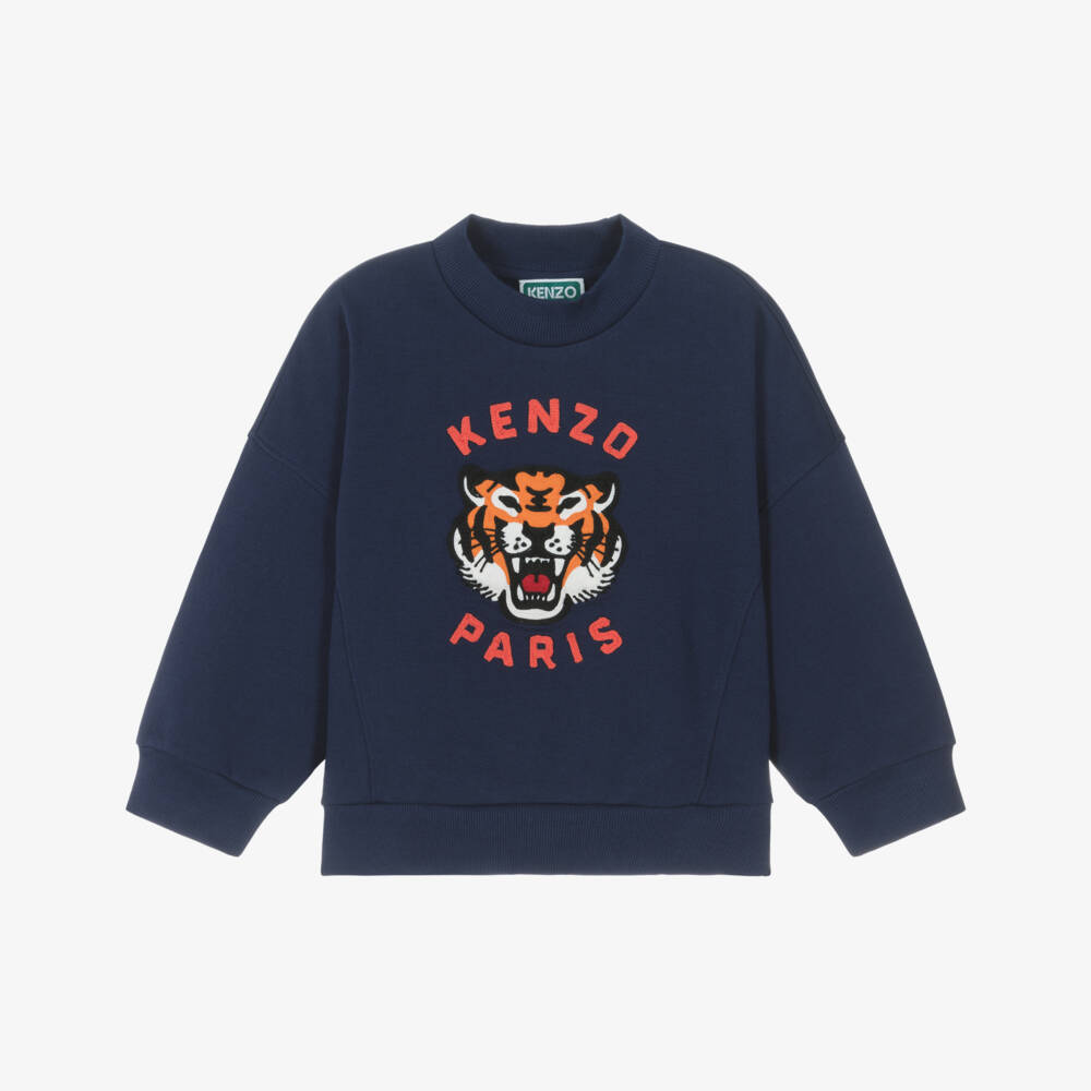 KENZO KIDS-Navy Blue Cotton Sweatshirt with Lucky Tiger Motif | Childrensalon