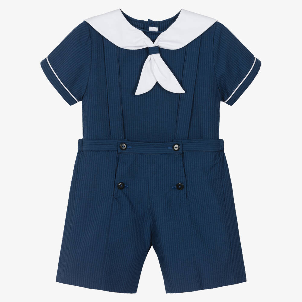 Kidiwi-Boys Navy Blue Cotton Seersucker Sailor Shorts Set | Childrensalon
