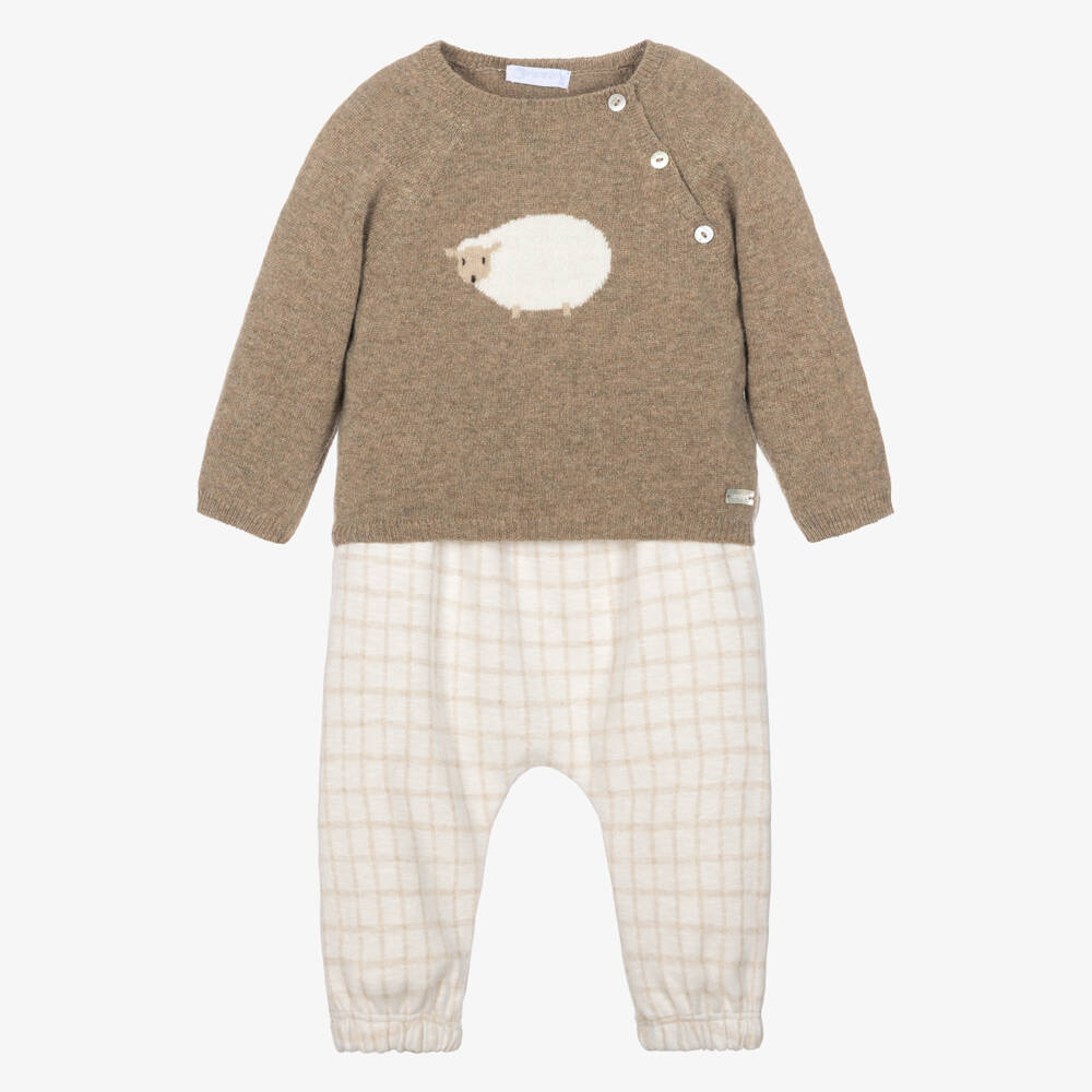 Laranjinha-Baby Boys Beige Check Trouser Set with Intarsia Sheep | Childrensalon