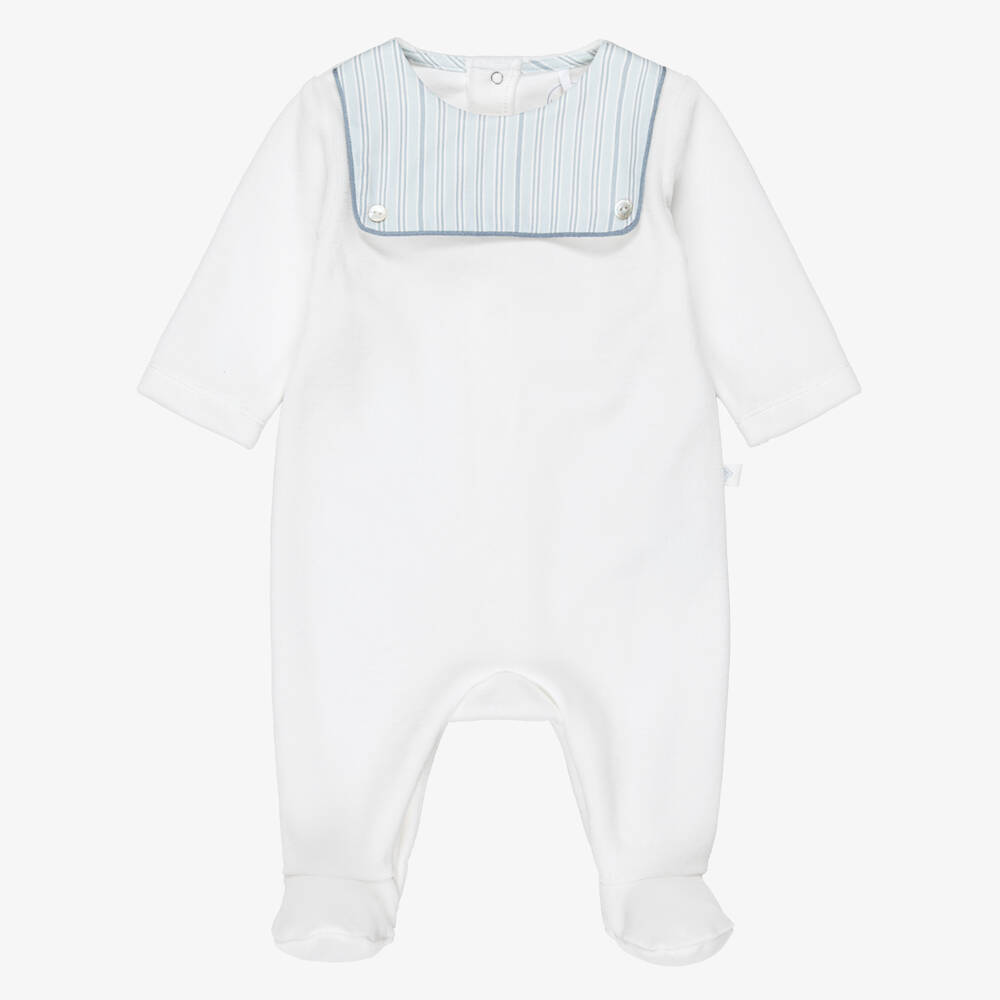Laranjinha-Boys White Velour Babygrow with Striped Bib | Childrensalon