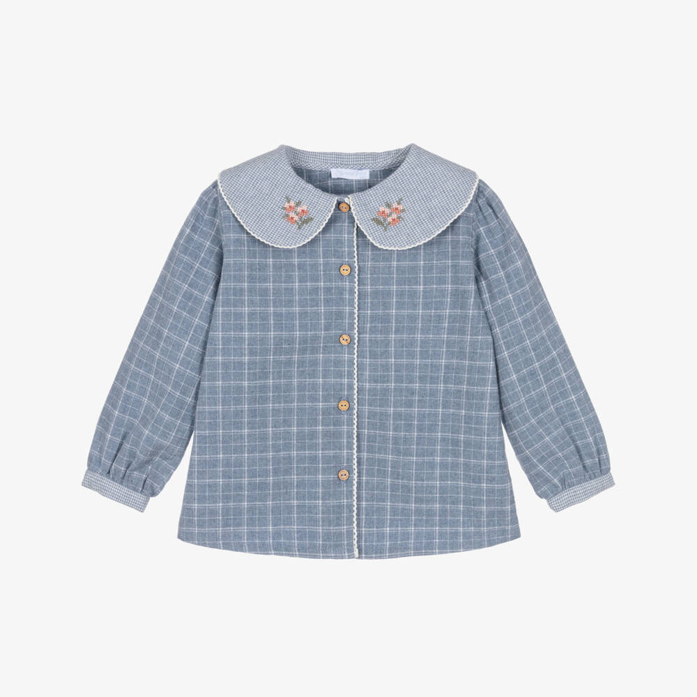 Laranjinha-Girls Blue Cotton Blouse with Floral Cross-Stitch Collar | Childrensalon