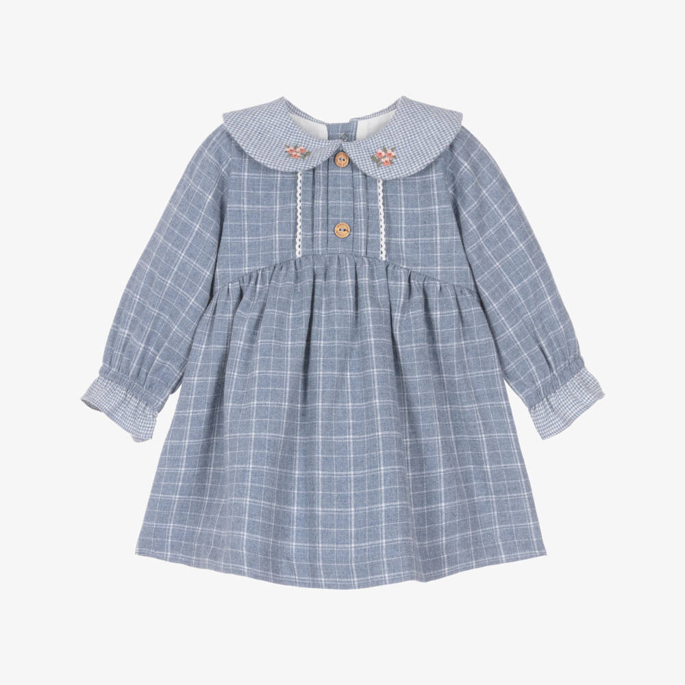 Laranjinha-Girls Blue Cotton Dress with Floral Cross-Stitch Collar | Childrensalon