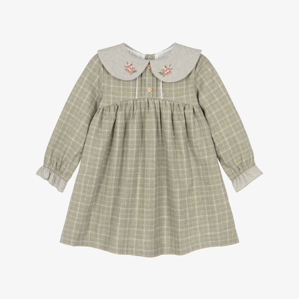 Laranjinha-Girls Green Cotton Dress with Floral Cross-Stitch Collar | Childrensalon