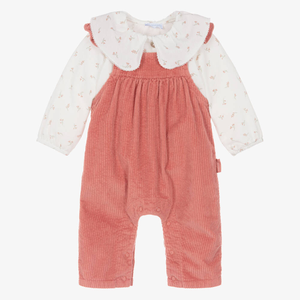 Laranjinha-Girls Pink Corduroy Dungaree Set with Floral Top | Childrensalon