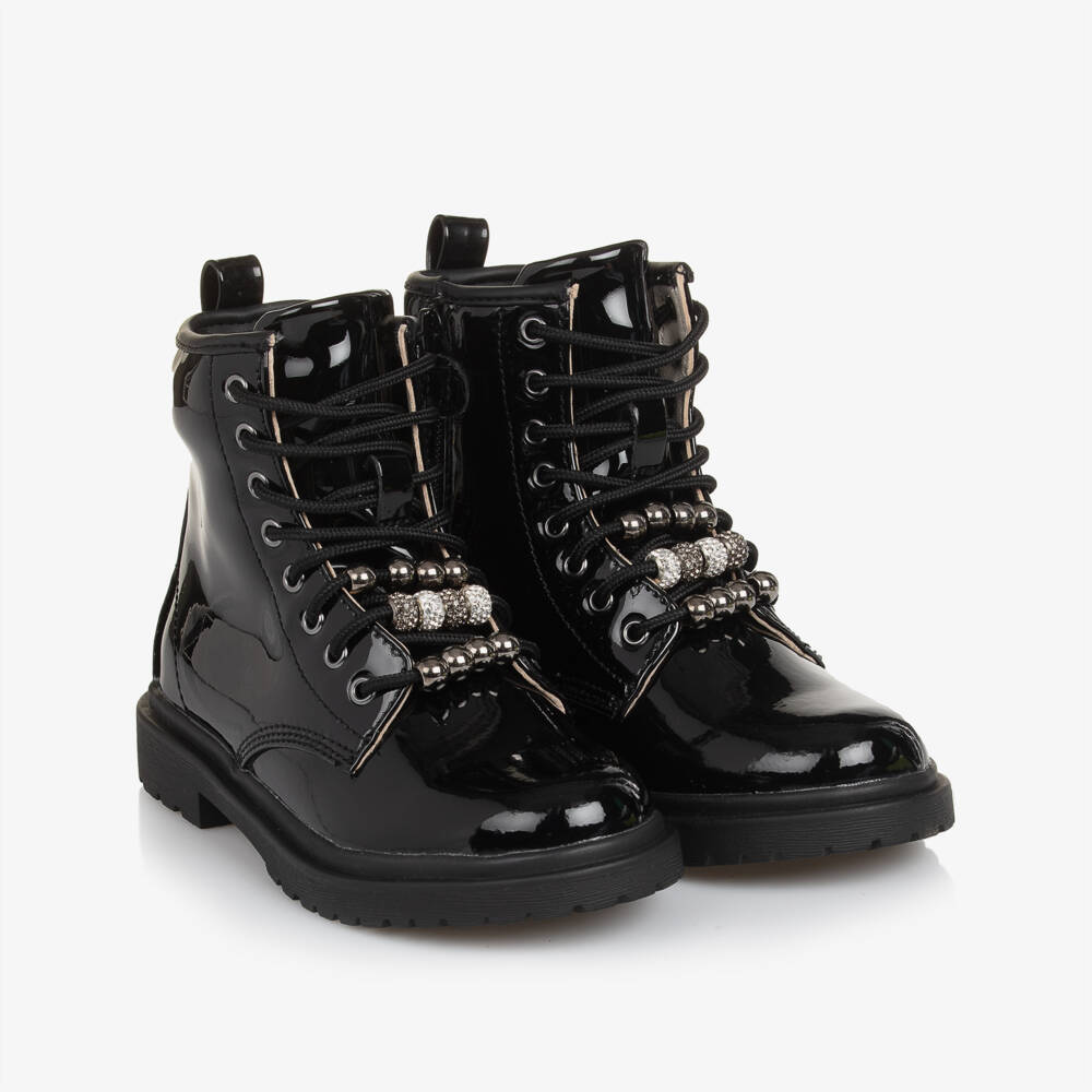 Lelli Kelly-Girls Black Patent Leather Boots with Bead Trim | Childrensalon
