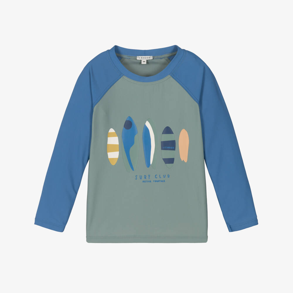 Liewood-Boys Green & Blue Surfboard Swim Top (UPF40+) | Childrensalon