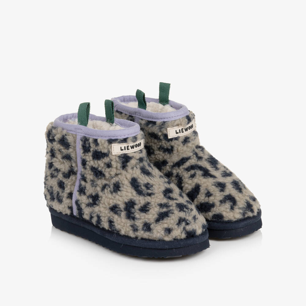 Liewood-Girls Grey Leopard Print Teddy Fleece Boots | Childrensalon