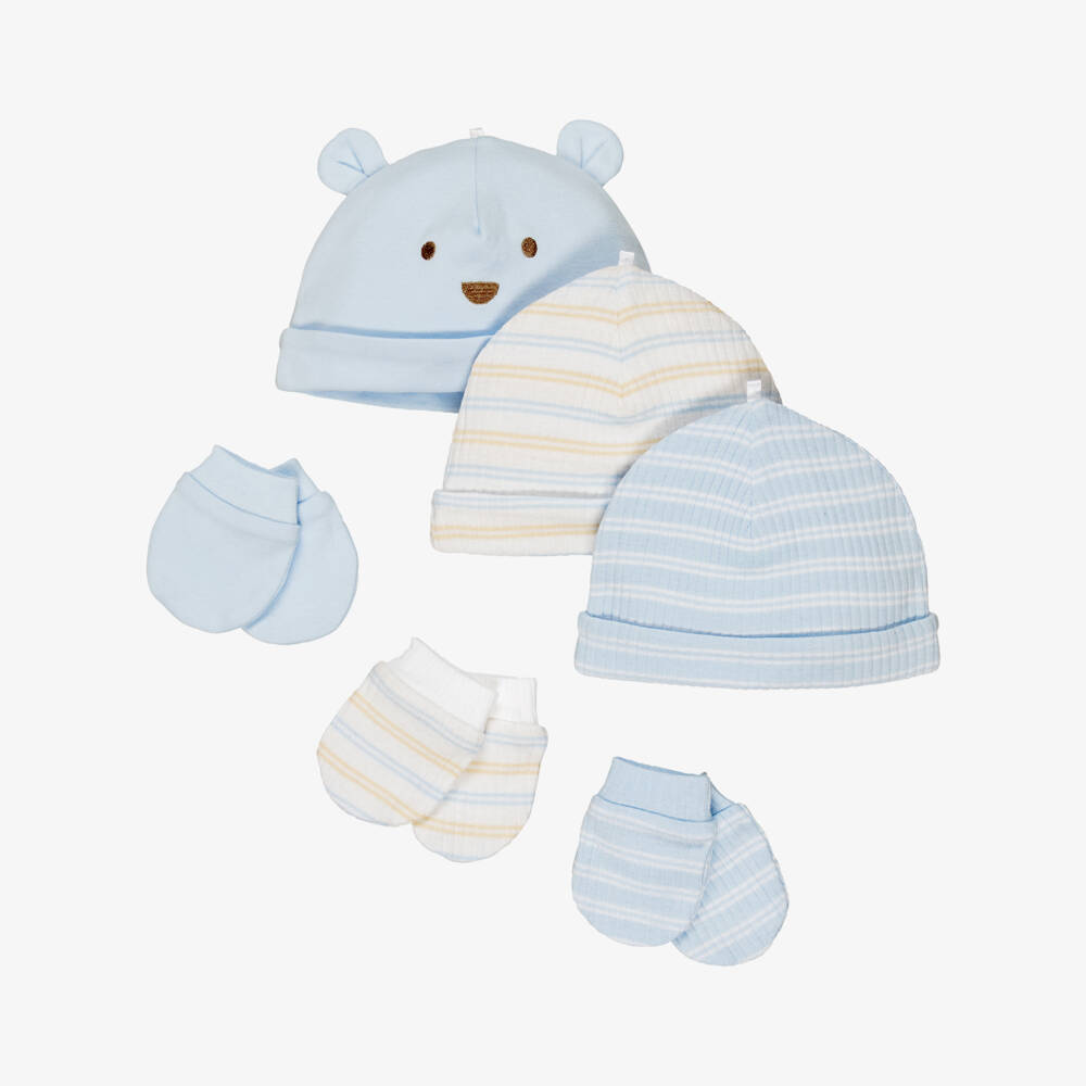 Little Me-Baby Boys Blue Organic Cotton Hat & Mittens Set | Childrensalon