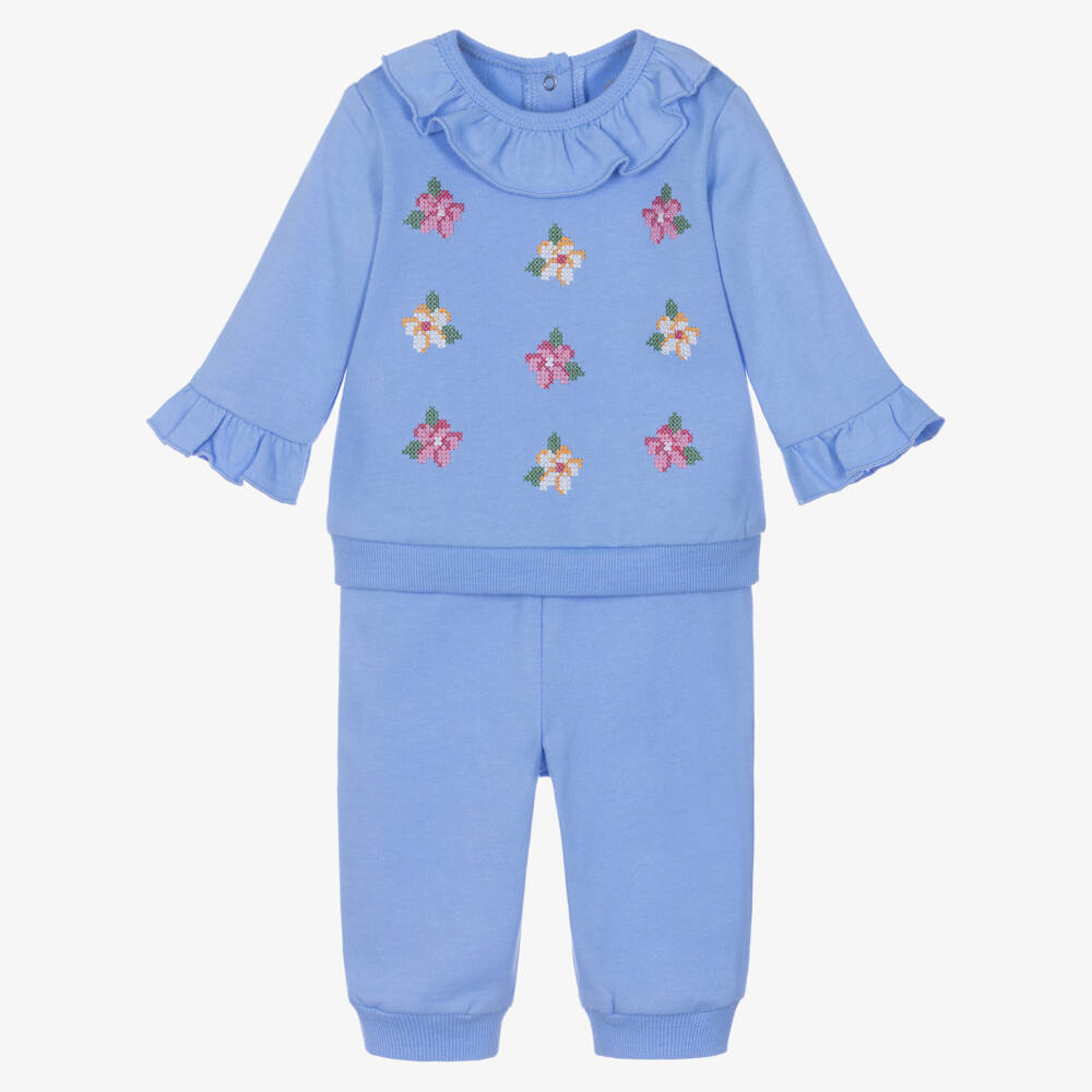 Little Me-Baby Girls Blue Tracksuit with Floral Embroidery | Childrensalon
