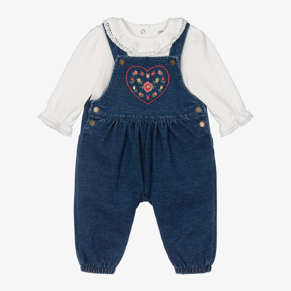 Little Me-Baby Girls Ivory Blouse & Blue Dungarees Set | Childrensalon
