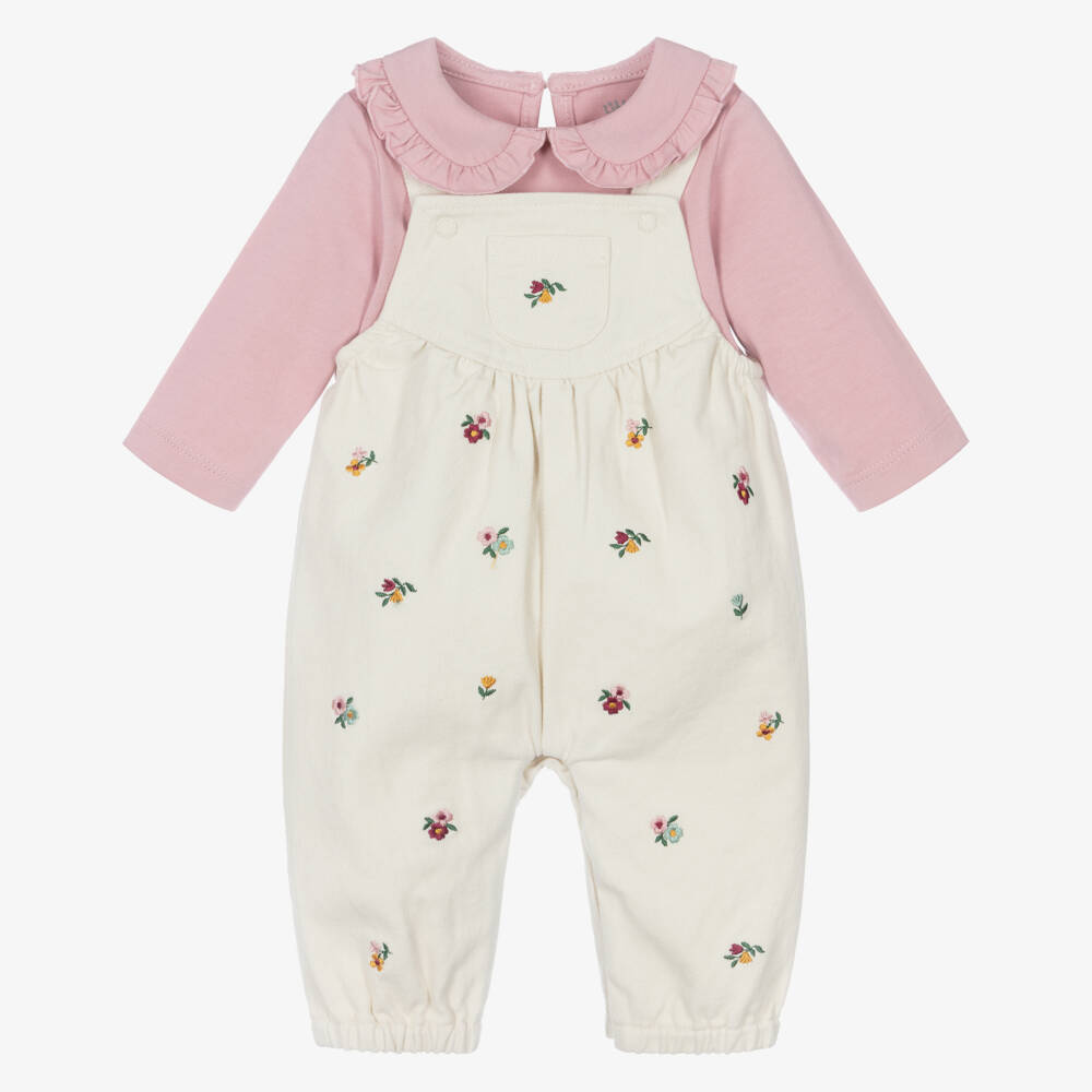 Little Me-Baby Girls Pink Top & Ivory Floral Embroidered Dungarees | Childrensalon