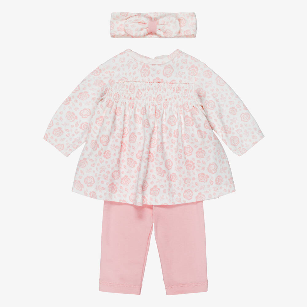 Little Me-Baby Girls Pink & White Rose Print Leggings Outfit | Childrensalon