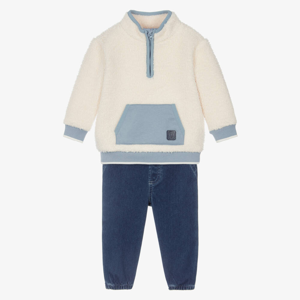Little Me-Boys Ivory Fleece Top & Blue Denim Trouser Set | Childrensalon