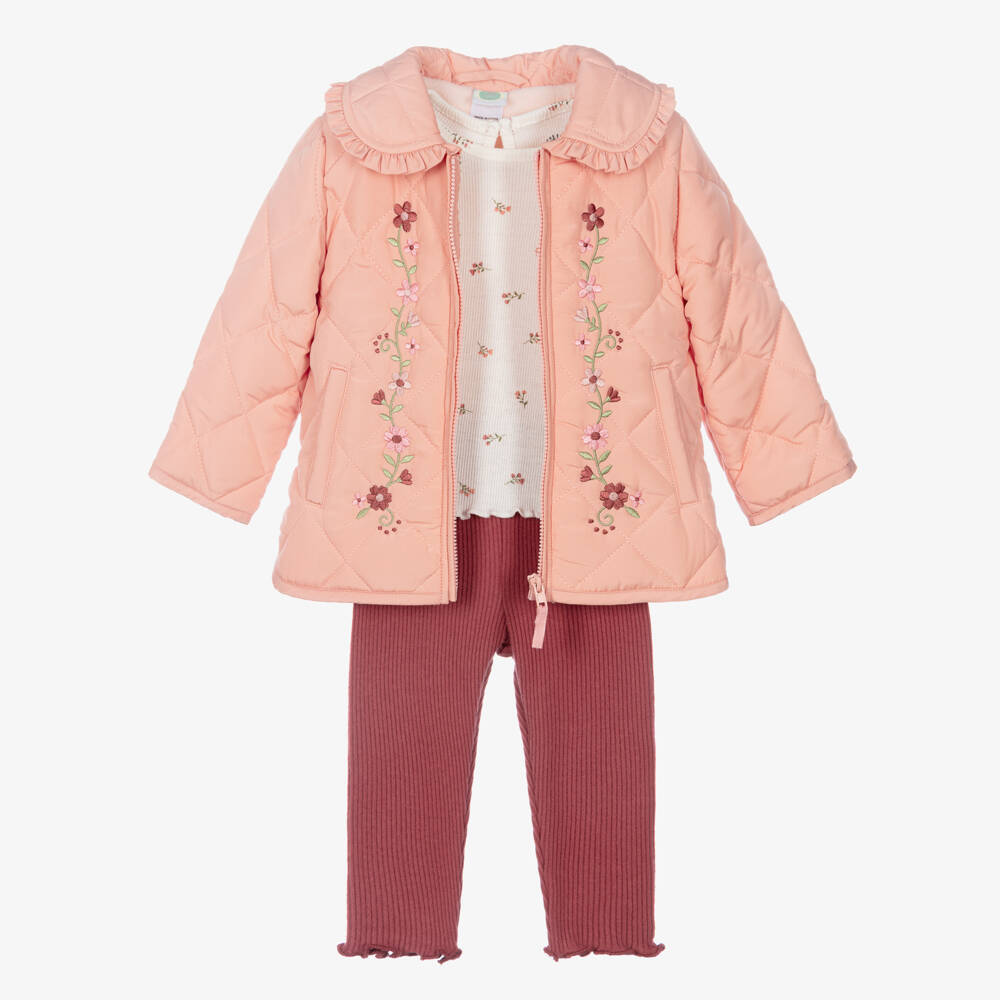 Little Me-Girls Ivory & Pink Leggings Set with Quilted Coat | Childrensalon