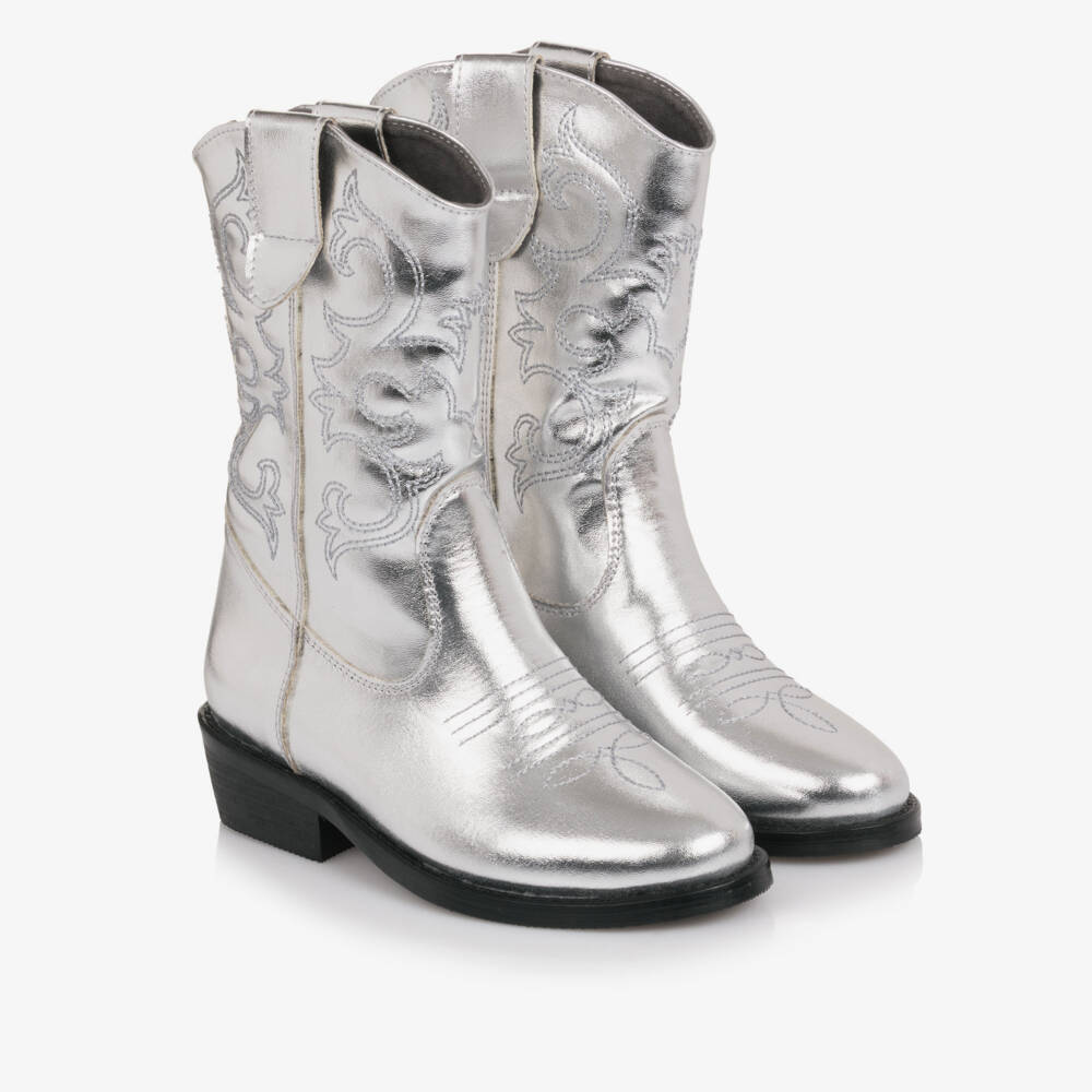Mama Luma-Girls Metallic Silver Faux Leather Embroidered Cowboy Boots | Childrensalon