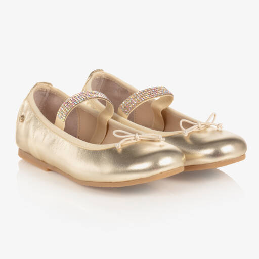 Manuela de Juan-Gold Leather Gem Strap Pumps | Childrensalon