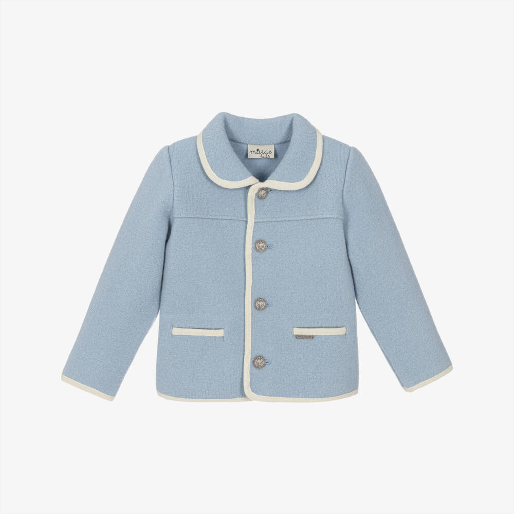 Marae Kids-Boys Sky Blue Merino Wool Jacket with Ivory Trim | Childrensalon