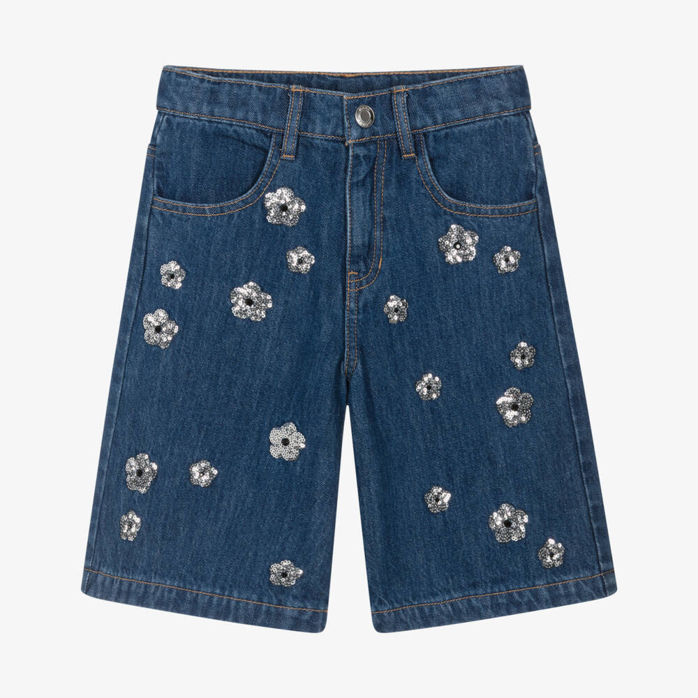 MARC JACOBS-Girls Blue Denim Sequinned Daisy Shorts | Childrensalon