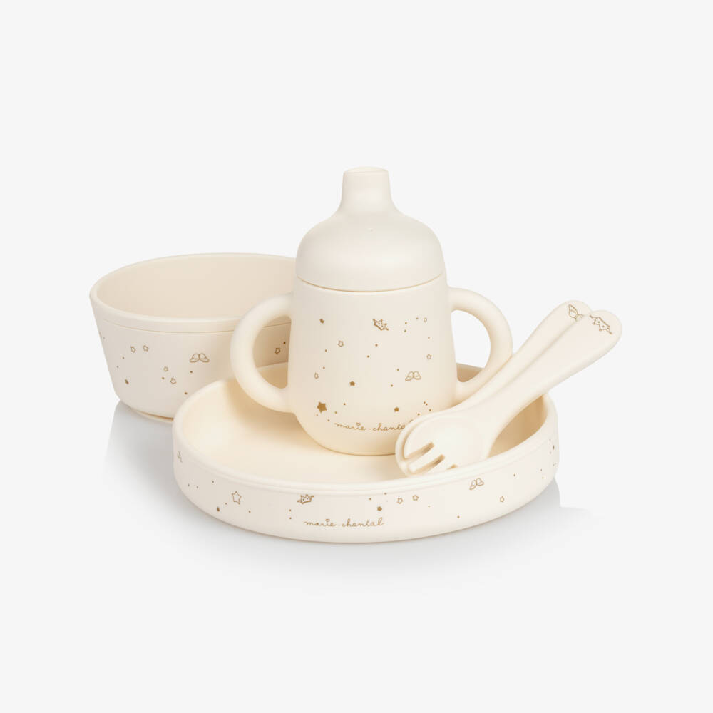 Marie-Chantal-Ivory Silicone Baby Tableware Set with Gold Stars & Logos | Childrensalon