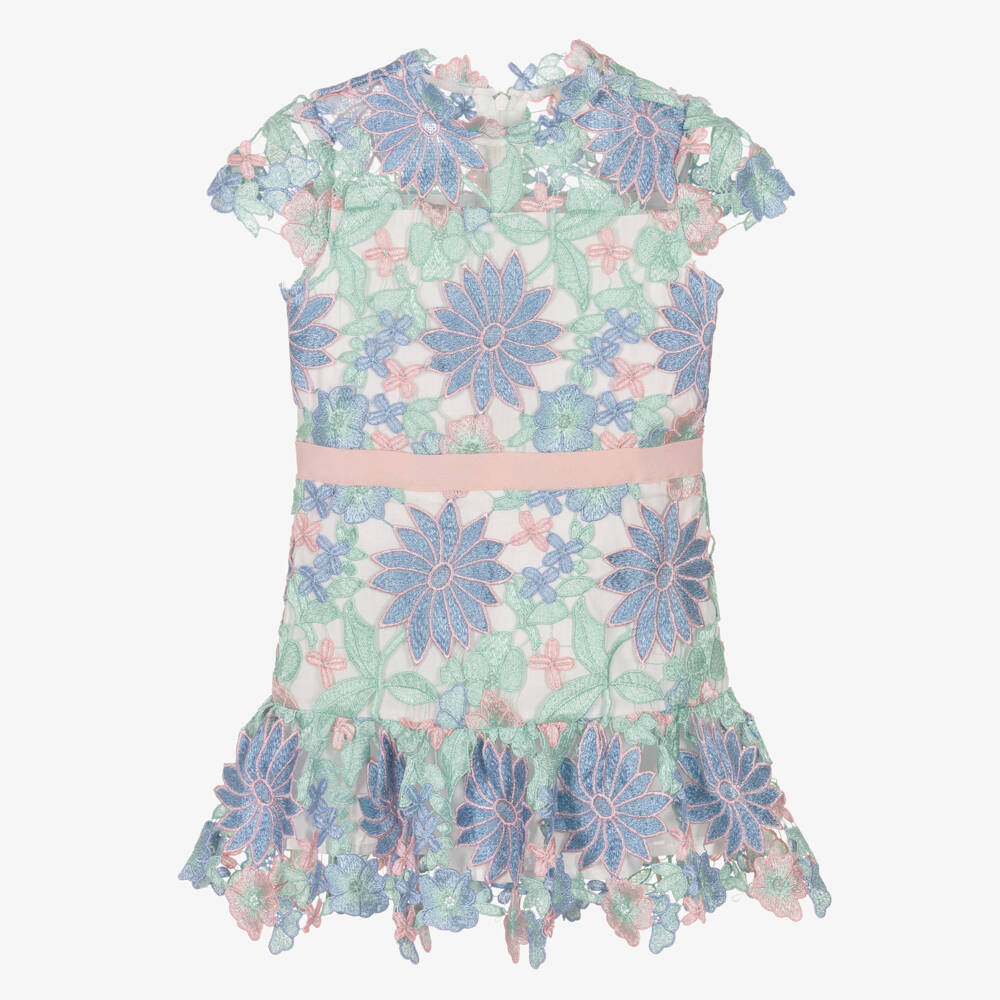 Marlo Kids-Girls Blue & Pink Floral Embroidered Lace Dress | Childrensalon