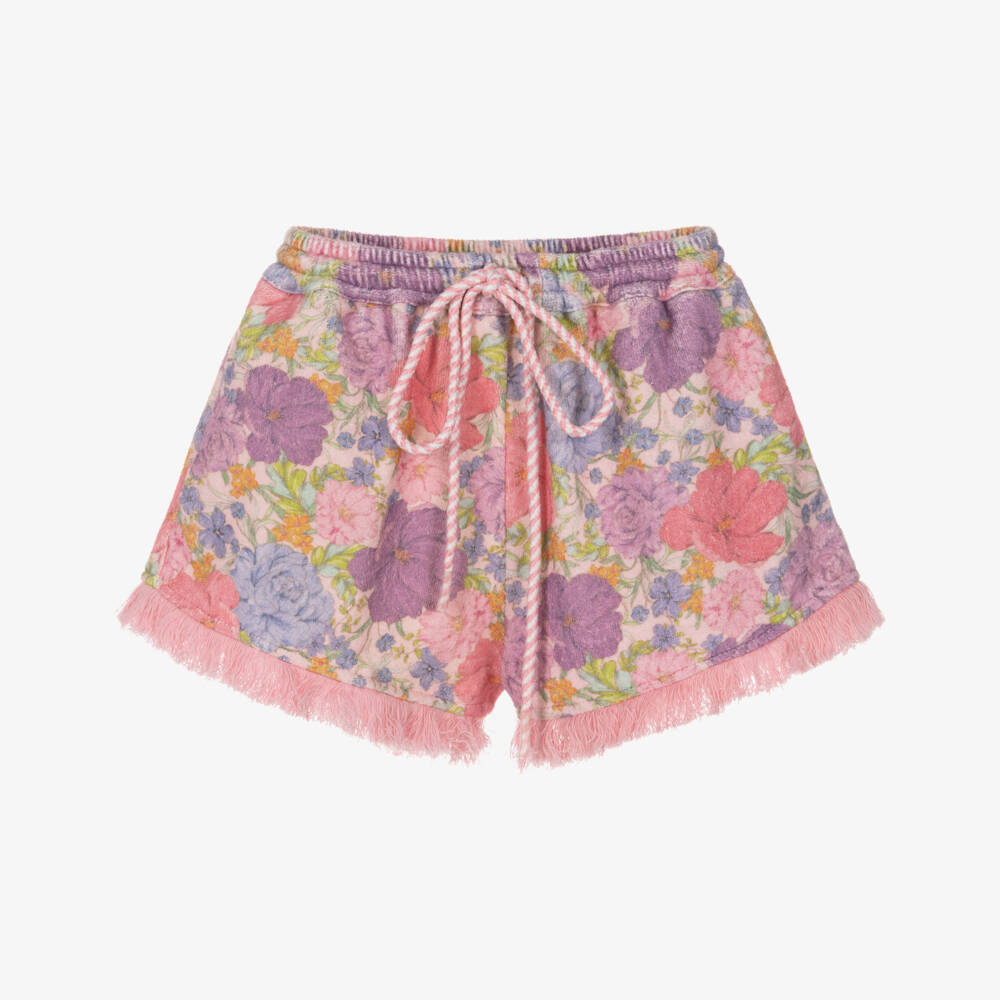 Marlo Kids-Girls Pink Floral Towelling Shorts with Fringing | Childrensalon