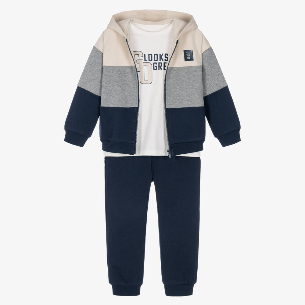 Mayoral-Boys Beige & Navy Blue Tracksuit Set with T-Shirt | Childrensalon