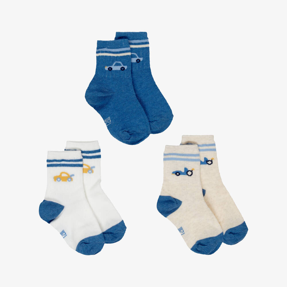 Mayoral-Boys Blue & Ivory Cars Socks (3 Pack) | Childrensalon