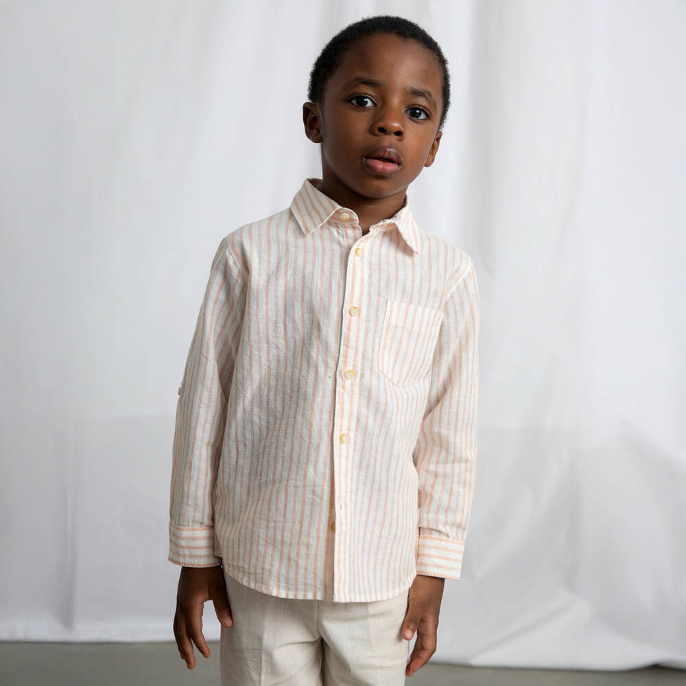 Mayoral-Boys White & Orange Striped Cotton Shirt | Childrensalon